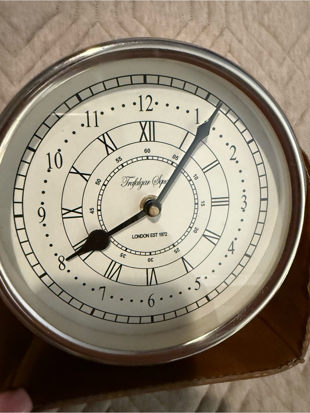 Trafalgar White Dial Clock with Brown Leather Travel Case - Picture 3 of 3